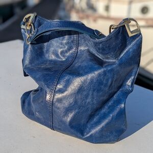 Badgley Mischka | Blue Hobo Shoulder Slouchy Leather Bag Gold Tone Hardware